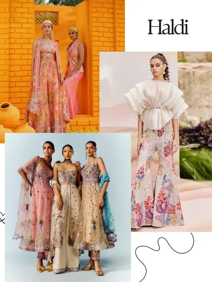 Haldi style inspiration for bridesmaids. This board features floral prints, sharara sets, and elegant ruffled tops, showcasing looks that are both festive and comfortable.