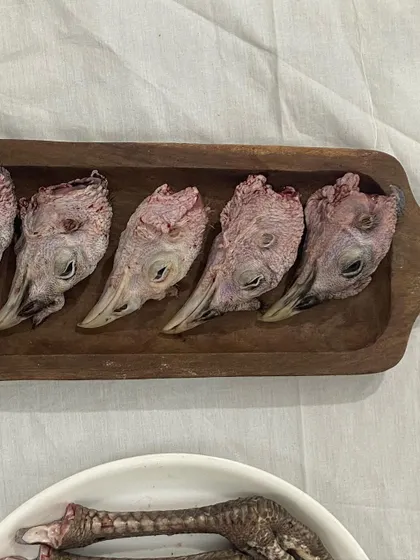 A close up of our raw turkey heads. We believe in nose to tail eating, ensuring no part of the animal goes to waste.