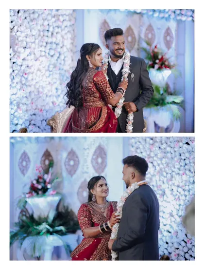 A collage of the couple exchanging garlands during their engagement or reception.