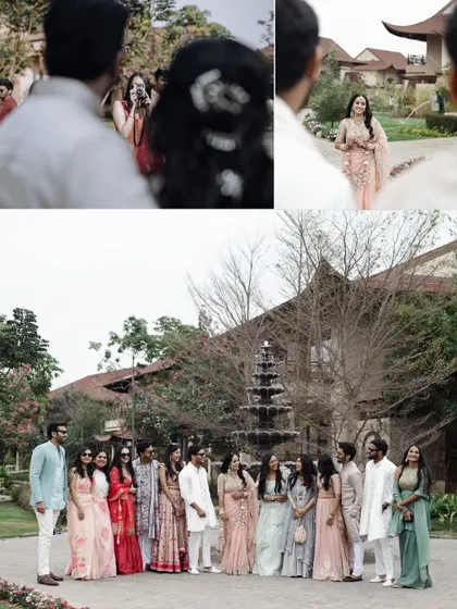 A collage of candid moments showing guests interacting and posing for group photos in the beautiful garden venue.