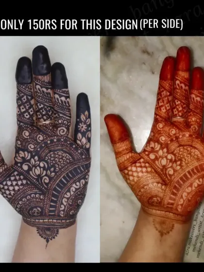 A side-by-side of fresh instant henna and the resulting stain. I also offer these for practice or for those who need a quick color.