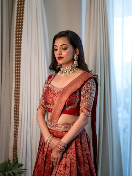 Another angle of this stunning red lehenga look, showing how the makeup complements the intricate embroidery of the outfit.