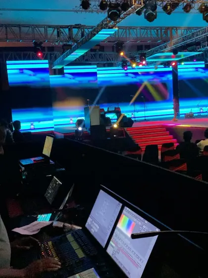 The view from the tech booth, showing the full scale of the stage and lighting rig. A lot goes into making these big events happen.