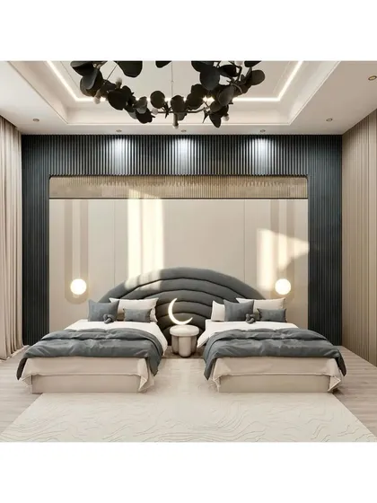 A sophisticated shared kids' room with two separate beds under a beautifully designed ceiling with a modern floral chandelier. The symmetrical layout provides each child with their own personal space.