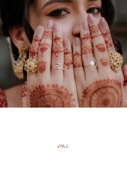 A creative close-up focusing on the bride's intricate henna design.