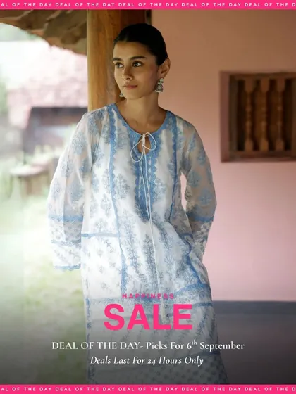 Another "Deal of the Day" from a past sale. This is your chance to see the kinds of styles that get featured, like this breezy blue and white printed kurta.