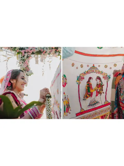 A close-up detail of the 'Antarpat' used in a wedding ceremony, featuring a beautiful illustration of the couple.