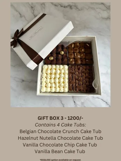 This Rakhi gift box features four of my popular cake tubs. It's a great way to sample different flavors, including Belgian Chocolate Crunch and Hazelnut Nutella Chocolate. Eggless options are available.