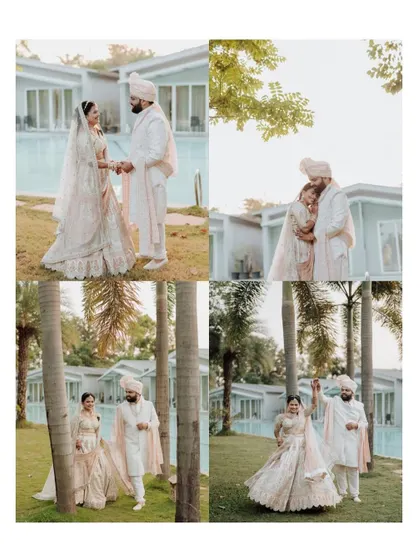 A collage of romantic portraits of the couple in their elegant pastel wedding outfits, captured in a serene garden setting.