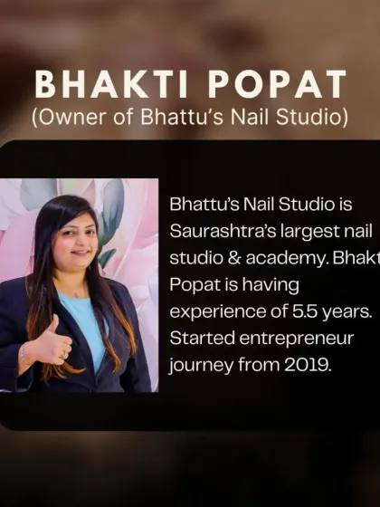 Bhakti Popat, owner of Saurashtra's largest nail studio and academy, brings 5.5 years of entrepreneurial and technical experience to our workshops.