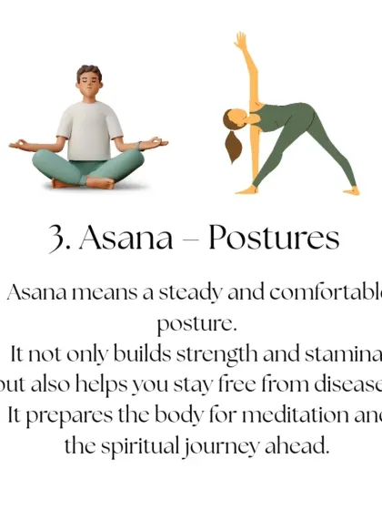 Asana, the third limb, means a steady and comfortable posture. It's not just about building strength and stamina, but about preparing the body for the deeper practices of meditation and spiritual growth.