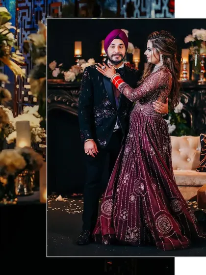 A creative composition of the couple's reception portrait, highlighting their loving embrace and fashionable outfits. We use artistic framing to add a unique touch to our photos.