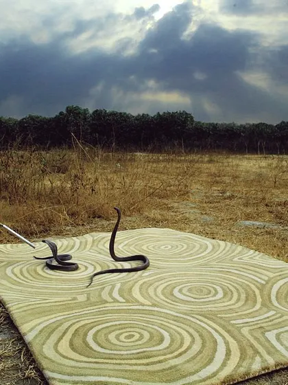 This is one of my earliest conceptual shoots, combining a luxury rug with the raw, mystical element of a snake charmer. It’s about creating a bold, unexpected narrative that makes people look twice.