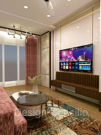 The TV unit in this room is kept simple and modern with a floating wooden console and a clean white back panel. This allows the colorful furniture and decor to take center stage.