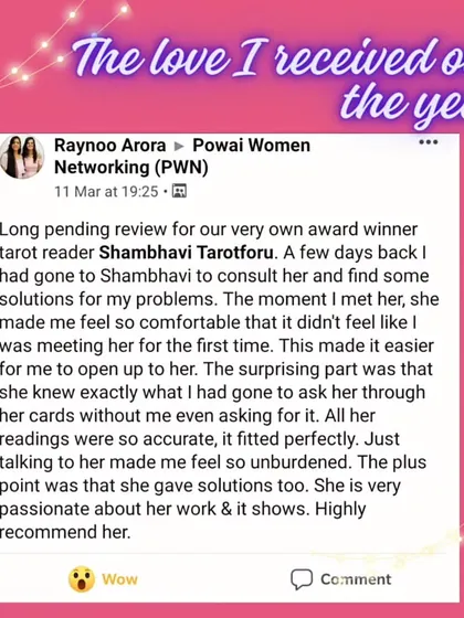 A wonderful review from a member of the Powai Women Networking community. She describes how I knew exactly what to ask without her saying a word, and how the accurate reading left her feeling unburdened.