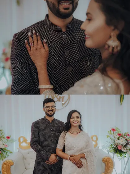 A collage of love. These two shots capture both a formal portrait and a close-up of the bride's hand on the groom's chest, showcasing her ring.
