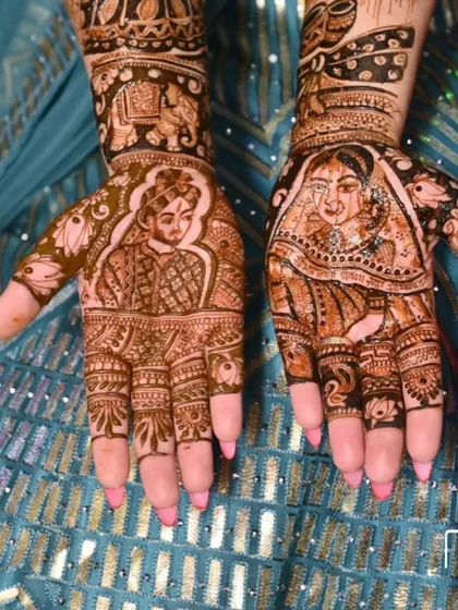 A close-up of the bride and groom portraits on the palms. The shading and line work create a three dimensional effect.