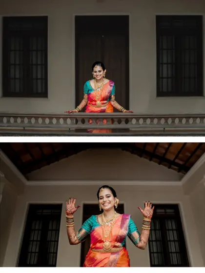 A collage showing the mom to be's happy expressions during her baby shower. From the balcony portrait to showing off her henna designs, these candid shots are full of life and excitement.