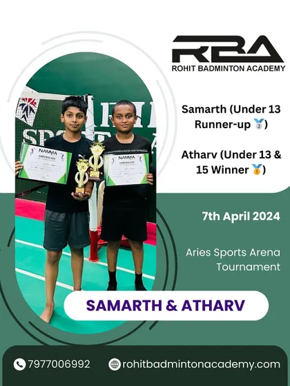 Celebrating the success of Samarth (U-13 Runner-up) and Atharv (U-13 & U-15 Winner) at the Aries Sports Arena Tournament.