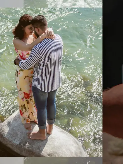 A romantic shot of a couple standing on a rock in a gentle stream. This image from a pre-wedding session highlights their connection in a beautiful, natural setting.