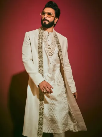 Another angle of the Ranveer Singh-inspired outfit, showcasing the detailed embroidery on the lapels.