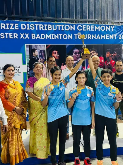 The team celebrating their CBSE tournament victory. Lifting the trophy together shows the strong team spirit we build at the academy.