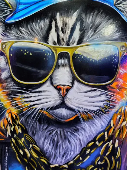We also painted this super cool cat in a hip-hop style for Rfit Studios. This close-up shows the detail in the fur and the reflection in the sunglasses.