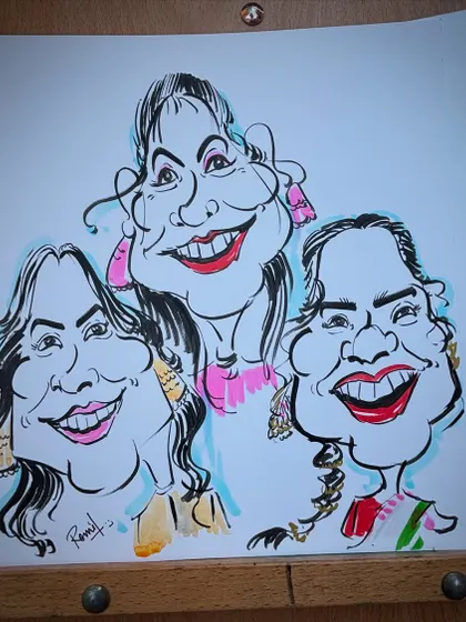 A vibrant caricature of three ladies, with pops of color that bring out their cheerful personalities.