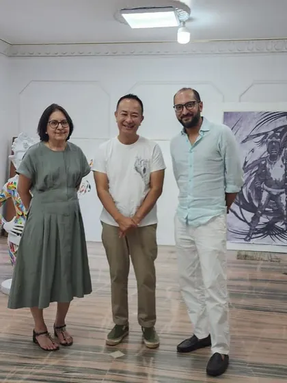 Our director Premilla Baid with artist Tsherin Sherpa during a studio visit in Kathmandu, Nepal. Building relationships with artists extends beyond the gallery walls.