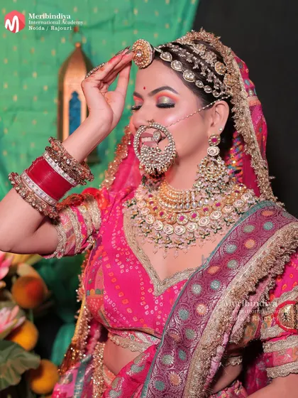 A close-up focusing on the 'borla' (maang tikka) and the detailed hair parting, essential elements of a traditional Rajasthani bridal look.