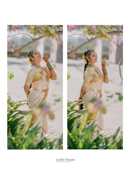 A candid moment of laughter, showcasing the bride's natural beauty and the timeless appeal of her traditional attire.