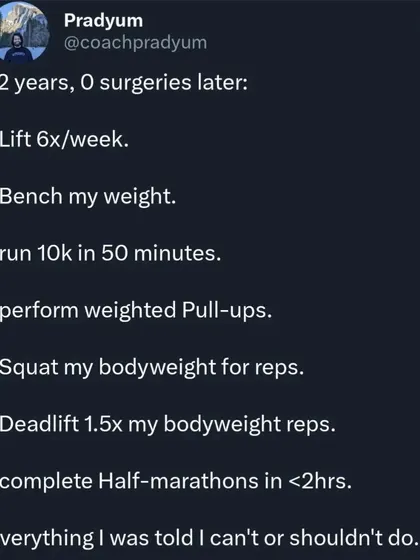 After a back injury, a prominent ortho told me to stop lifting and playing sports forever or I'd walk like a cripple. I didn't listen. Twelve years and zero surgeries later, I'm stronger than ever. This is my personal story about questioning extreme advice and taking ownership of my recovery.