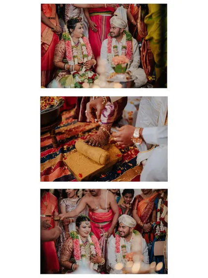 A collage showcasing the rituals of Preethi and Rakshan's wedding, from the Saptapadi to other traditional moments, all filled with smiles.