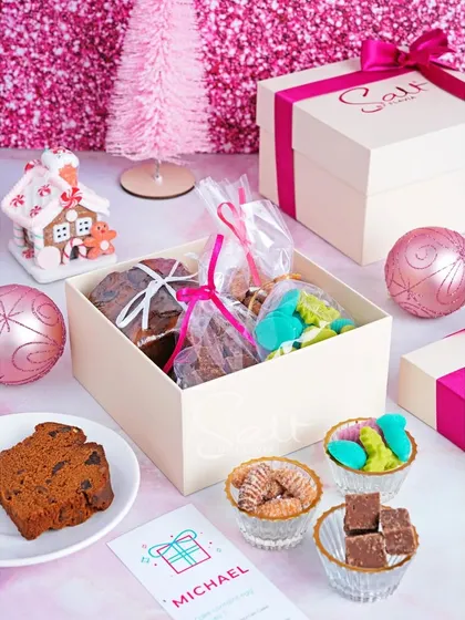 And this is 'Michael', the smaller gift box. It has four slices of my boozy Christmas cake plus smaller portions of the classic cinnamon kulkuls, chocolate fudge, and almond marzipan.