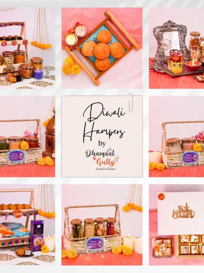 Here is a snapshot of the diverse range of Diwali Hampers I offer. You can see everything from tiered snack stands and rustic baskets to elegant gift boxes, all filled with my signature sweets and savories. I can create the perfect gift for any budget or style.