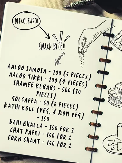 A creative, hand-drawn menu of our snack bites, listing popular items like Aloo Samosa, Shamee Kebabs, and Golgappa.