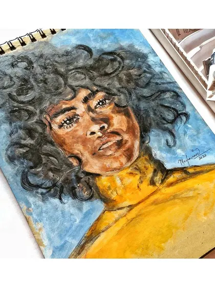 A different angle of the finished gouache piece, highlighting the texture of the curly hair.