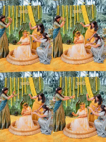 A collage showing the bride's friends and family showering her with flowers during the Haldi ceremony.