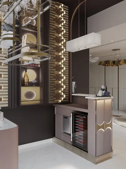 This beautiful home bar is tucked into a cozy nook off the living room. A floor-to-ceiling display unit and a floating shelf by the window provide ample storage with finesse and style.