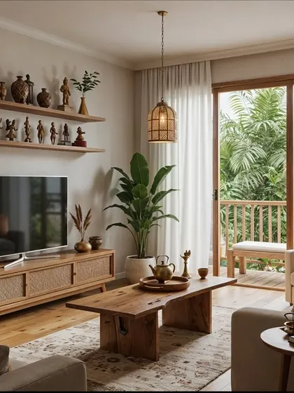 A Japandi living room that feels lived-in and personal. The open shelving is filled with collected pottery, and the rattan-front media unit adds a touch of bohemian warmth.