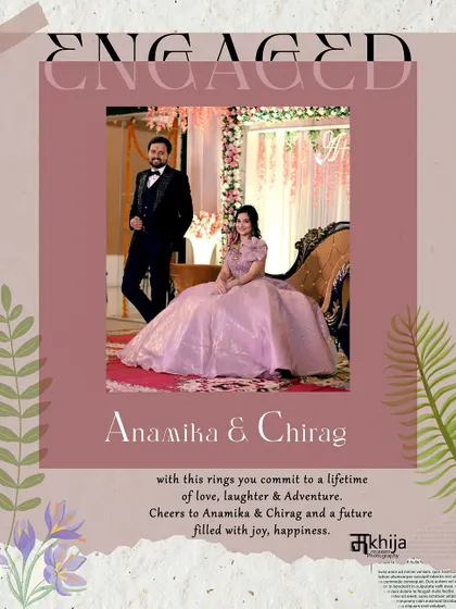 A classic engagement announcement design for Anamika and Chirag. The elegant typography and beautiful portrait make it a perfect digital card to share with family and friends.