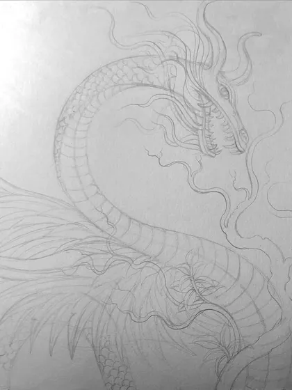 A faint pencil sketch of the dragon-snake creature, laying out its coiled and flowing shape.