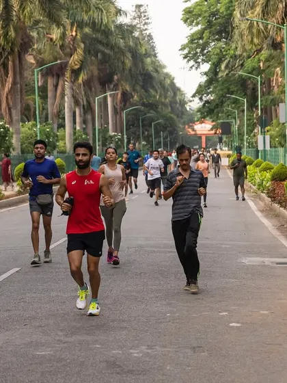 A wide shot of our running group moving together. The collective energy makes every run feel easier and more enjoyable.