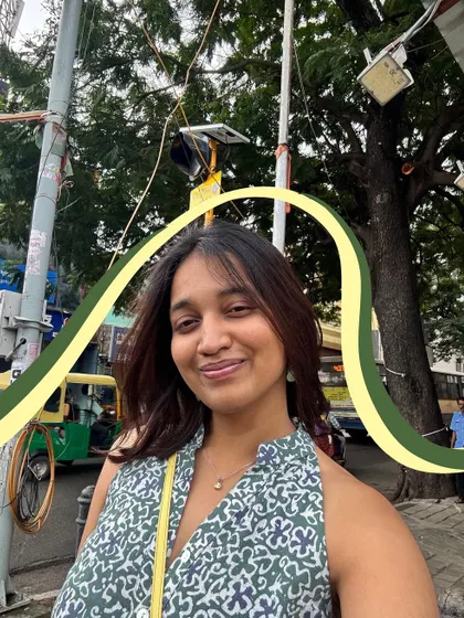 A happy selfie on the streets of Bengaluru, with some simple green and yellow doodles to brighten it up.