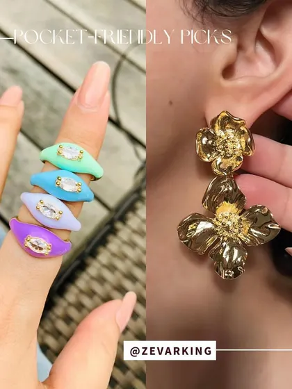 Fun and colorful enamel rings and gold floral earrings from Zevarking. These playful accessories are a great way to add a pop of color and personality to your look.