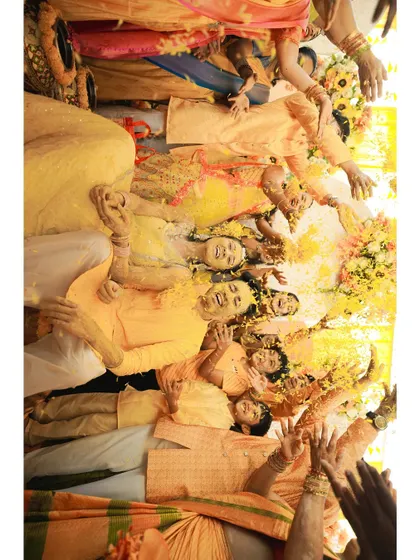 An aerial view of the flower petal shower, capturing the scale and joy of this beautiful Haldi ritual from a unique perspective.