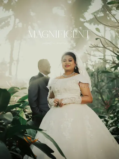 A stunning portrait of the bride, her groom a silhouette in the background, set against a magical, sunlit forest.