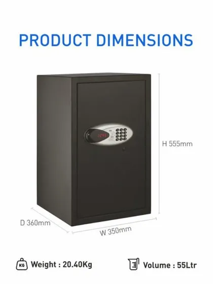A graphic showing the product dimensions of the Safilo Digital-2, noting its 55-litre volume and 20.40 kg weight.