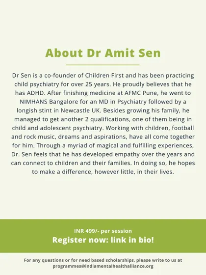 This provides a brief biography of Dr. Amit Sen, a co-founder of Children First. With over 25 years in child psychiatry, his expertise and empathy are foundational to our work.