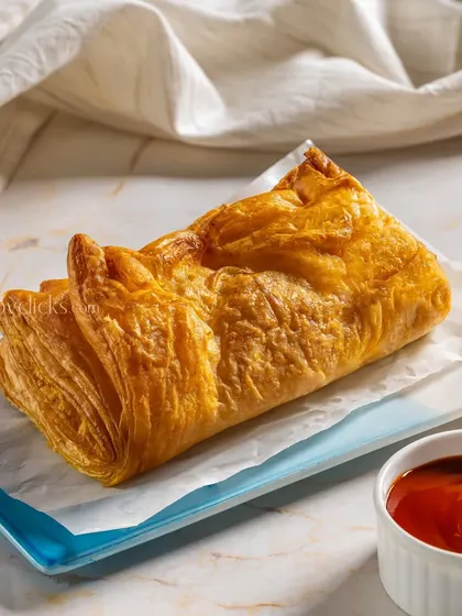 A close-up of a perfectly flaky puff pastry, emphasizing its golden-brown layers.